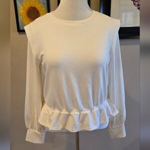 Bar III Off White Long Sleeve Ruffle Hem And Shoulder Detail Top